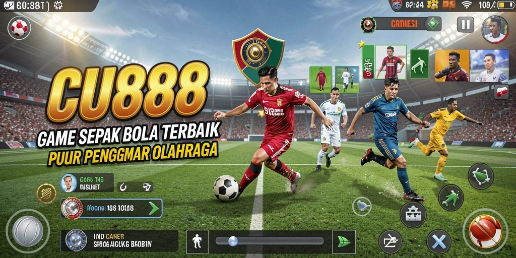 Tangkapan layar gameplay CU888 yang menunjukkan aksi seru pertandingan sepak bola.