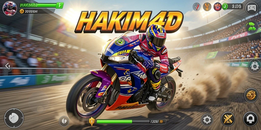 Screenshot gameplay HAKIM4D menampilkan aksi balapan motor yang seru dan mendebarkan.