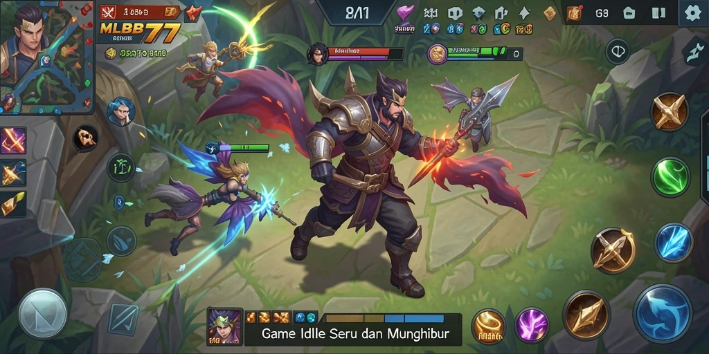 Tampilan gameplay seru dari <strong>MLBB777</strong>, dimana Anda bisa melihat tim bertempur dan berkembang.